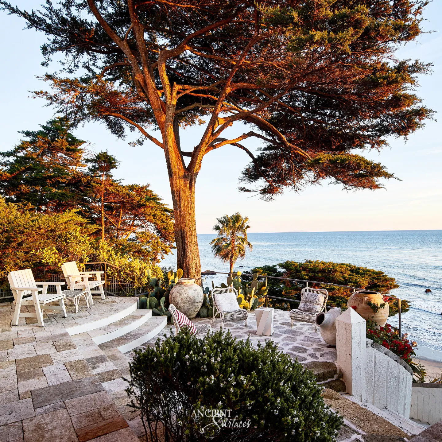 Clifftop ocean terrace paved in squared limestone pavers with three curved stone steps down to a circle of irregular paving beneath a cypress tree